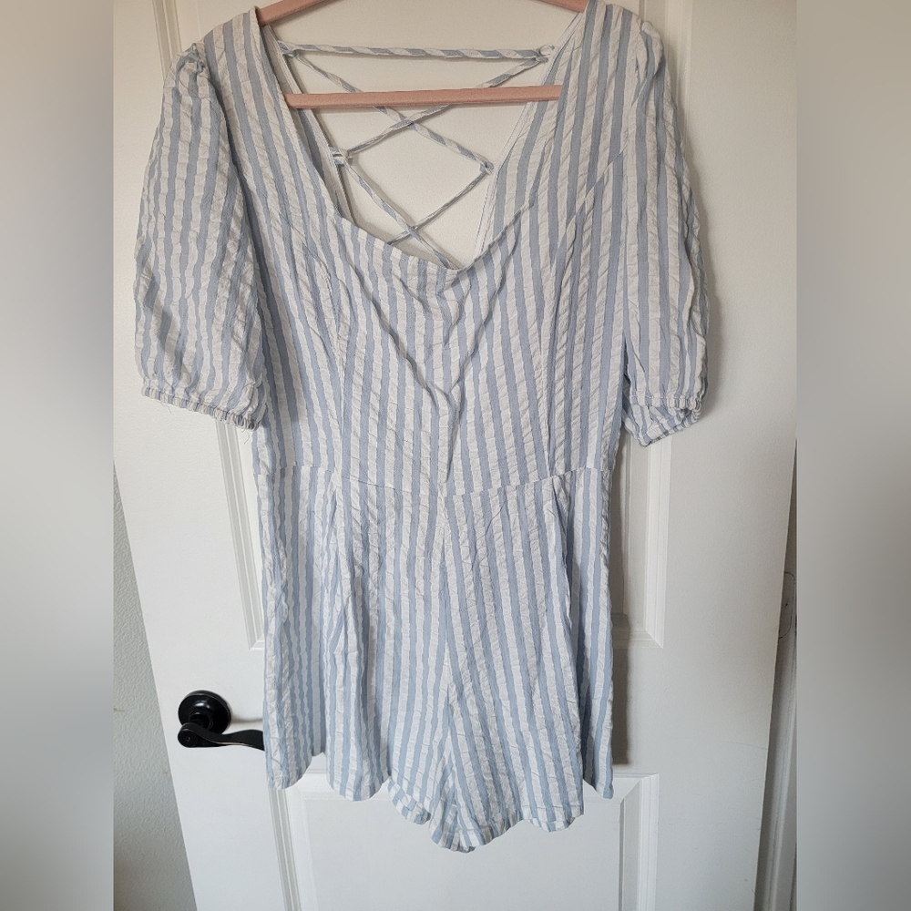 Cotton white and blue striped romper